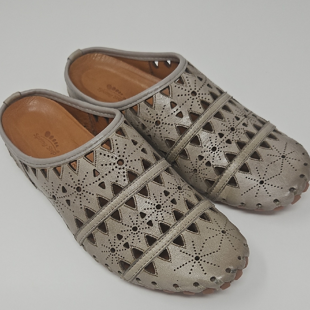 Spring Step Gray Tan Leather Laser-Cut Mules Size 37